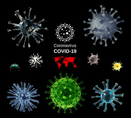 Abstract 3d rendering illustration of a set of different coronavirus shapes