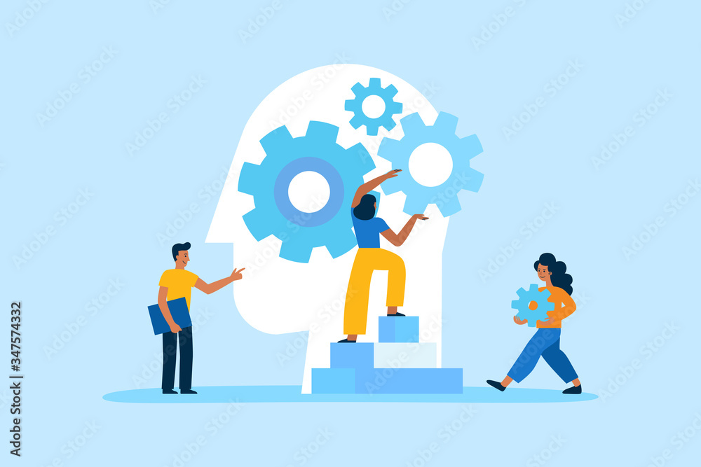 Poster vector flat linear illustration with characters- team working and education concept