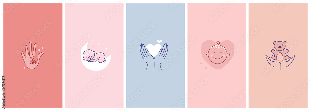 Wall mural vector set of abstract logo design templates in simple linear style - motherhood emblems, hands and 