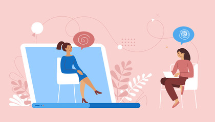Vector illustration in flat  simple style - online psychological help and support service - psychologist and her patient having video call using modern technology app - obrazy, fototapety, plakaty