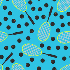 Seamless pattern of squash balls and rackets on a blue background. Summer sport vector print. Design for textile, wallpaper, sport equipment and banner. Sports, fitness, activity vector illustration.