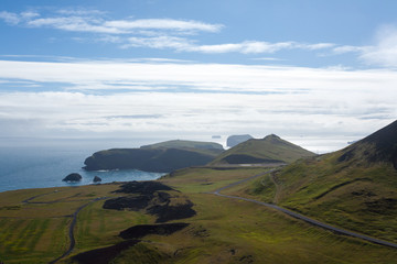 Vestmannaeyjar island beach day view, Iceland landscape.