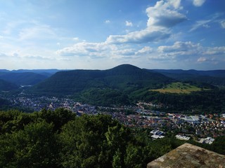View over Annweiler am Trifels with rock