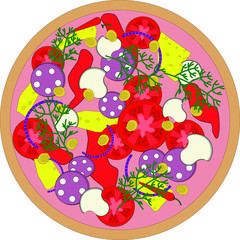 Drawing pizza with salami, tomatoes, corn, onion, mushrooms, herbs, cheese. Vector image on a white background.