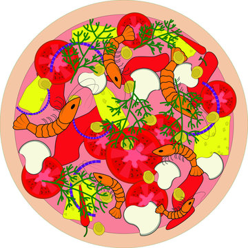Drawing pizza with shrimp, tomatoes, corn, mushrooms, herbs, onions, cheese. Vector image on a white background.