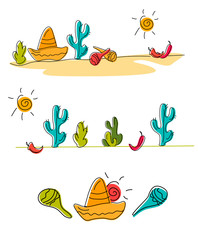 Set of banners on the theme of Spain and Mexico, the attributes of the Mexican and Portuguese culture. Hat cacti and maracas.