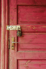Bright but old wooden door with gorgeous owl lock at it. The entrance door closed with a cute lock.