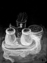Salt and pepper shakers on table in cafe. Monochrome illustration. Hand-drawn sketch. Gray, black and white colors. Chalkboard imitation