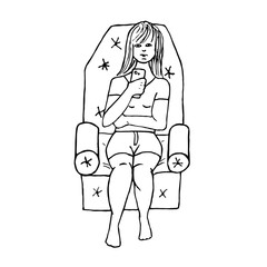 Line art illustration of woman vector, outline - Vector girl in a comfortable soft chair with a phone