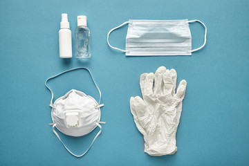 Coronavirus prevention disposable surgical masks, medical respirator, latex gloves, and pocket hand...