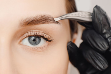 Master tweezers depilation of eyebrow hair in women, brow correction