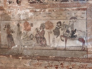 Wall paintings of Orchha Fort and Palace, Madhya Pradesh, India.