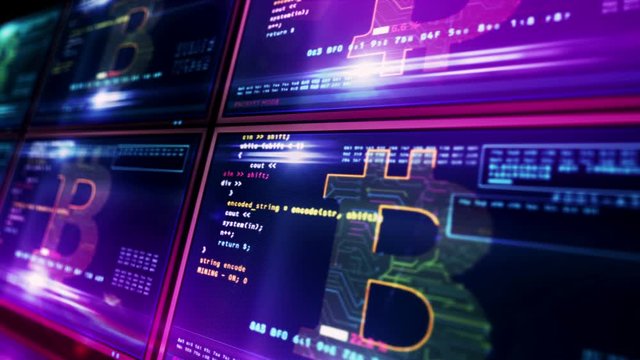 Bitcoin mining on moving computer screens. Digital cryptocurrency, cyber money and digital banking concept 3d loopable and seamless animation with glitch effect.