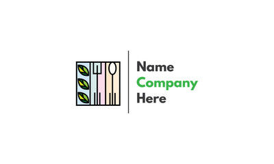 Vector logo on which an abstract image of a fork, spoon and leaf in a square, representing biodegradable goods.