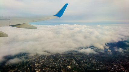Dusseldorf, late autumn - winter. airplane wing. aerial photography. Europe