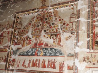 Wall paintings of Orchha Fort and Palace, Madhya Pradesh, India.