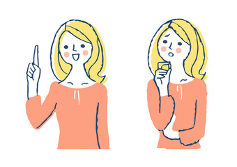 女性　喜ぶ表情と悩む表情　