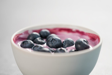 Blueberry yogurt with whole berries in white bowl on concrete background