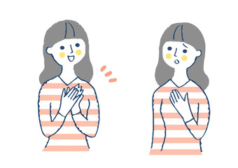 女性　喜ぶ表情と悩む表情　