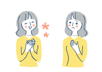 女性　喜ぶ表情と悩む表情　