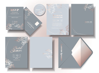 Wedding invitation card set in elegant gray tone with leaf print in rose gold color. RSVP Cards. Envelopes. Illustrations