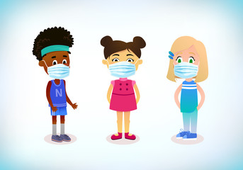 childrens wear medical mask. Virus and pollution protection. Coronavirus protection concept. Healthcare medicine concept. Face pollution mask. Medicine disease illness.