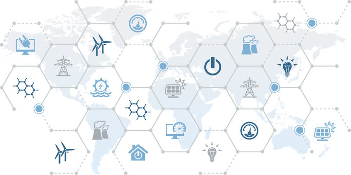 smart grid vector illustration. Concept with connected icons related to worldwide innovative energy transmission, global electricity distribution or transport with supported by iot technology.