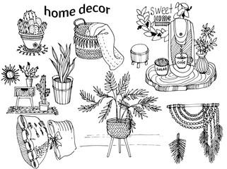 coloring interior decoration elements: cactus in a flowerpot, indoor plants, macrame pan, coffee machine, basket with a plaid, stand.