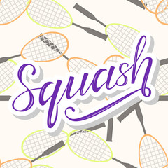 Squash lettering text with squash ball and racket on seamless background, vector illustration. Squash calligraphy. Sport, fitness, activity vector design. Print for logo, T-shirt and caps.