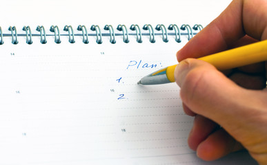 Woman's hand writing entries in a notebook. Plan, 1, 2.