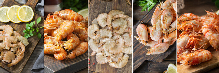 Food collage of photos of different types of shrimp. Photos of shrimp collected in a collage. Banner