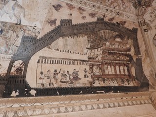 Ancient Lakshmi Narayan temple, wall paintings, Hindu religion, Orchha, Madhya Pradesh, India.
