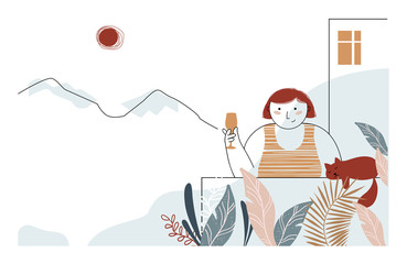 Vector abstract illustration of a beautiful girl drinking wine on the balcony of a house.