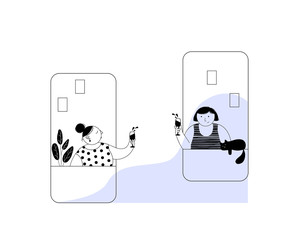 Friends communication using smart phone video call. Two pretty girls talking, chatting, messaging, gossiping and drink wine.Flat vector character illustration.