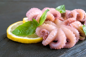 Seafood. pickled baby octopus with lemon.