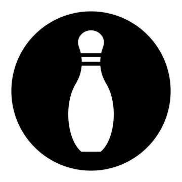 Bowling skittle icon on black circle. White background