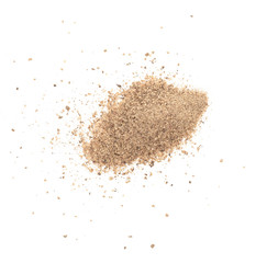 Nutmeg powder on white background top view