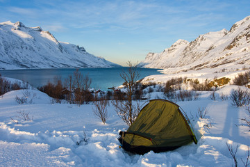 Backpacking w Arktyce. Rozbity namiot i biwakowanie w północnej Norwegii. - obrazy, fototapety, plakaty