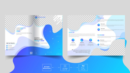 Business bi-fold brochure design. With blue gradient shapes, front page design layout template with bleed in A 4 size vector template