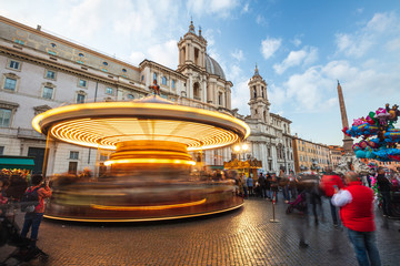 Ancient German Horse Carousel built in 1896 in Navona Square, Rome, Italy