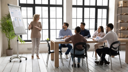 Smiling mature 60 year old businesswoman flip charts presentation new project in boardroom at company meeting. Happy coach auditor speaks with diverse colleagues about business using board and graphs.