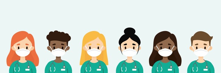 Group of doctors/nurses wearing masks. Medical staff wearing protective equipment