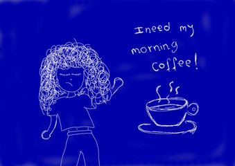 I need my coffee morning. Sleepy girl getting up and coffee cup. Conceptual imagery of the need for morning coffee
