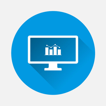 Diagram on monitor icon on blue background. Flat image with long shadow.