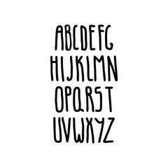 Alphabet on an isolated background. Letters in black and white, uppercase.The font is high and thin. The concept of text, lettering, description. Web pages, headers. The font by hand. Vector.