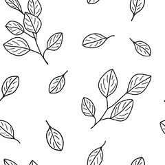 Seamless beautiful pattern of outline leaves and twigs with leaves on a white background. Vector black and white floral background for your design.