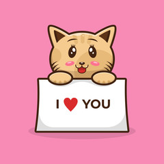 cat cute cartoon character. holding paper blank, with text i love you. kitty mascot vector illustration. animal art trendy