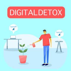 Digital detox concept,Young man turn off his laptop and cell phone,He is watering tree in his room.