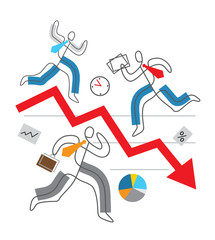 Decline arrow down, financial crisis concept, chaos in Business. 
Three business people in stress running around red market arrow. Lineart stylized. Isolated on 	white background. Vector available.