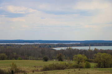 View of the big blue lakes on a cloudy day, selective focus.